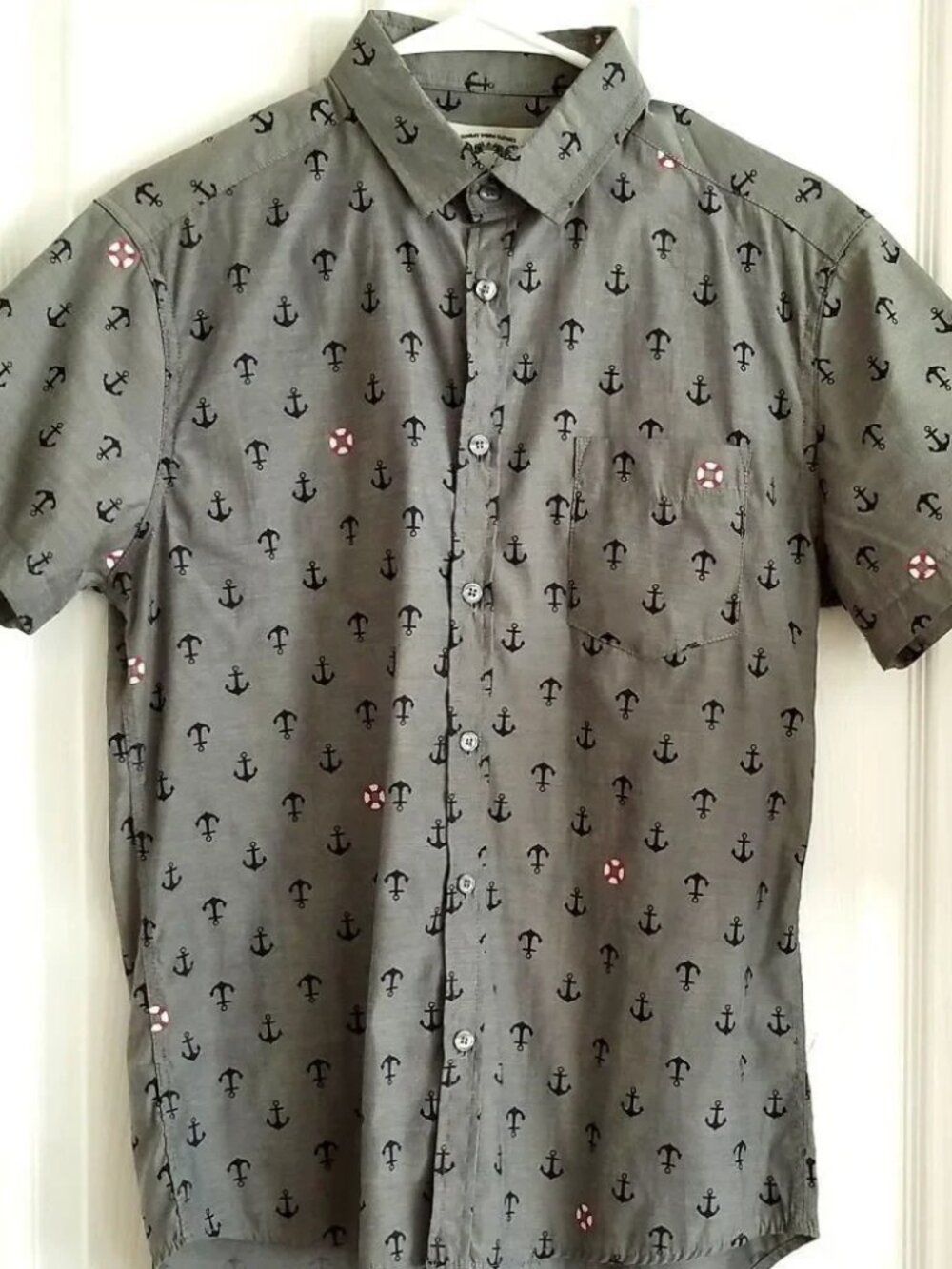 Report Sunday Work Clothes Men's S Gray Anchor Life Saver Print Button Up Cotton